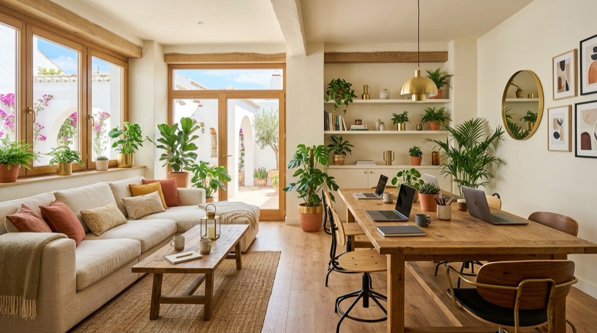 Salón de un espacio de coliving con sofá y mesa de trabajo compartida
