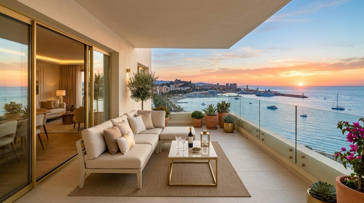 Terraza de un apartamento con vistas al mar en Málaga al atardecer